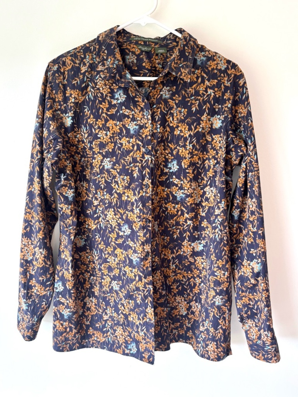 Eddie Bauer Navy Blue Orange Floral Button Down Shirt Stretch Wrinkle Resistant